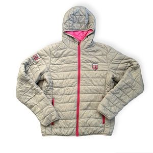 Gray and pink lightweight hooded puffer jacket